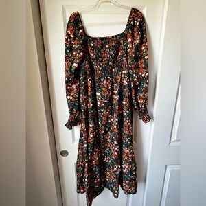 SHEIN Dark Green Floral Smocked Maxi Dress with Orange Accents